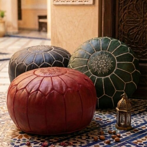 Pouf Marocain en Cuir Véritable – 4 Couleurs